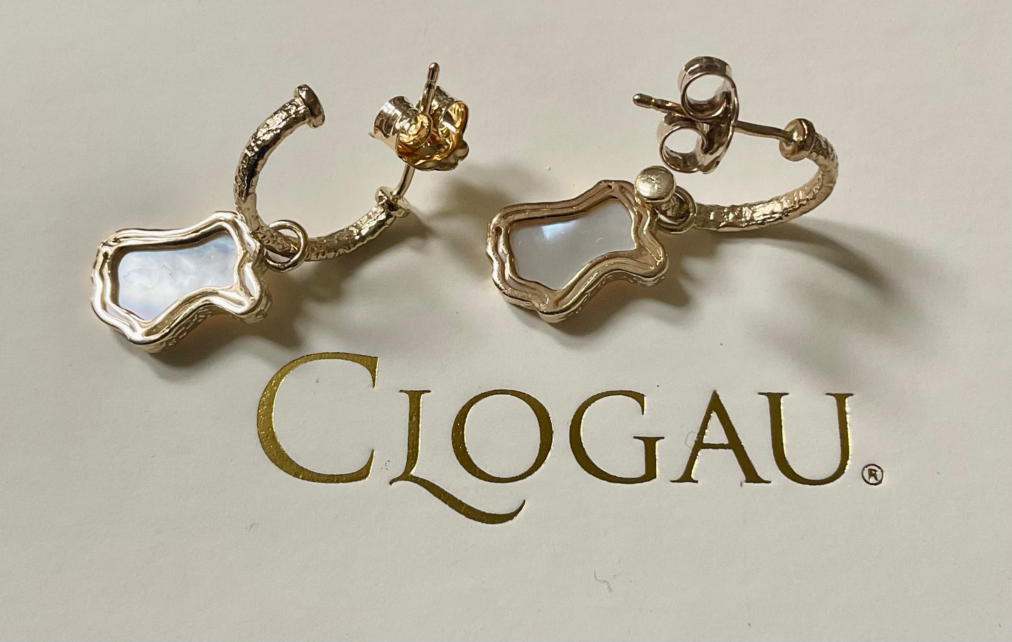 Clogau 9ct Lady of Luck Diamond and Mother of Pearl hoop earrings in yellow gold RRP £690