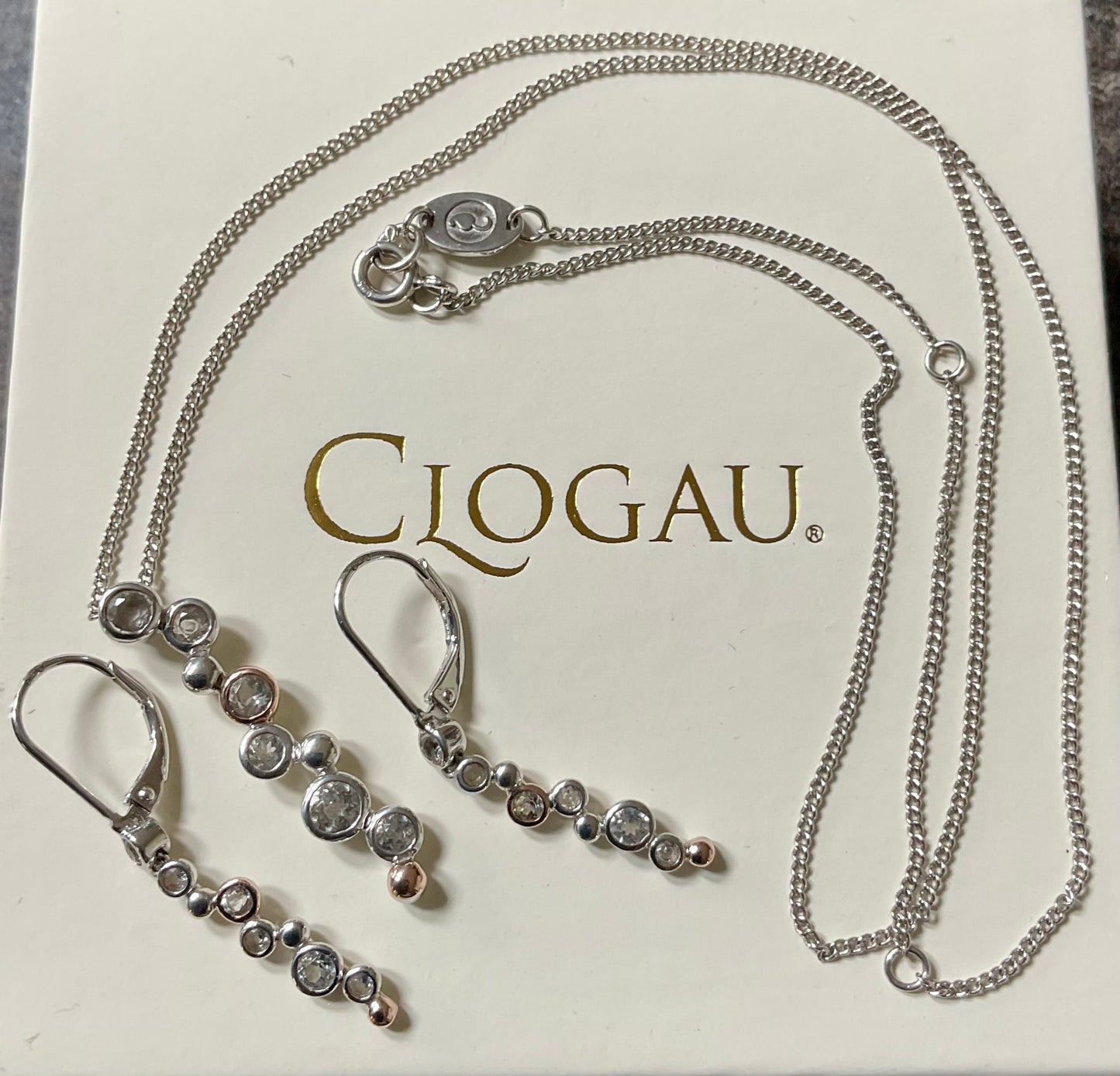 Clogau Celebration White Topaz necklace 18, 20 or 22” and drop earrings in silver and rose gold matching set