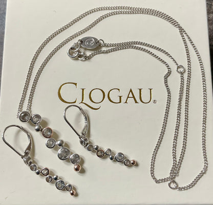 Clogau Celebration White Topaz necklace 18, 20 or 22” and drop earrings in silver and rose gold matching set
