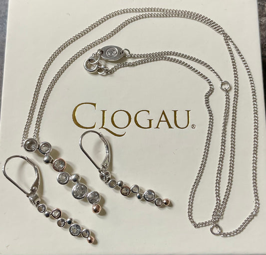 Clogau Celebration White Topaz necklace 18, 20 or 22” and drop earrings in silver and rose gold matching set