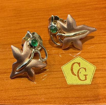 Clogau 9ct Emerald Lady of Caerphilly Ivy leaf stud earrings yellow and rose gold