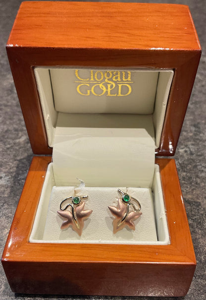 Clogau 9ct Emerald Lady of Caerphilly Ivy leaf stud earrings yellow and rose gold