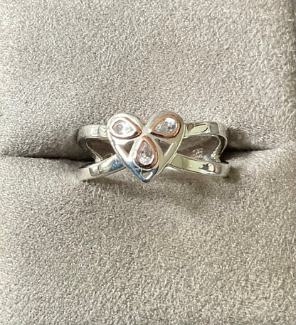 Clogau Heart of Wales White Topaz ring size T in silver and rose gold