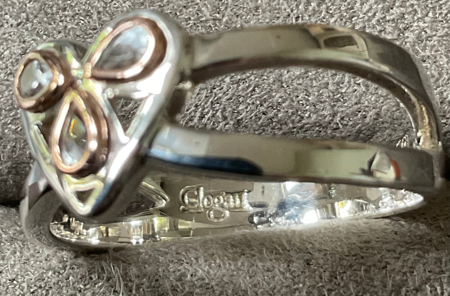 Clogau Heart of Wales White Topaz ring size T in silver and rose gold