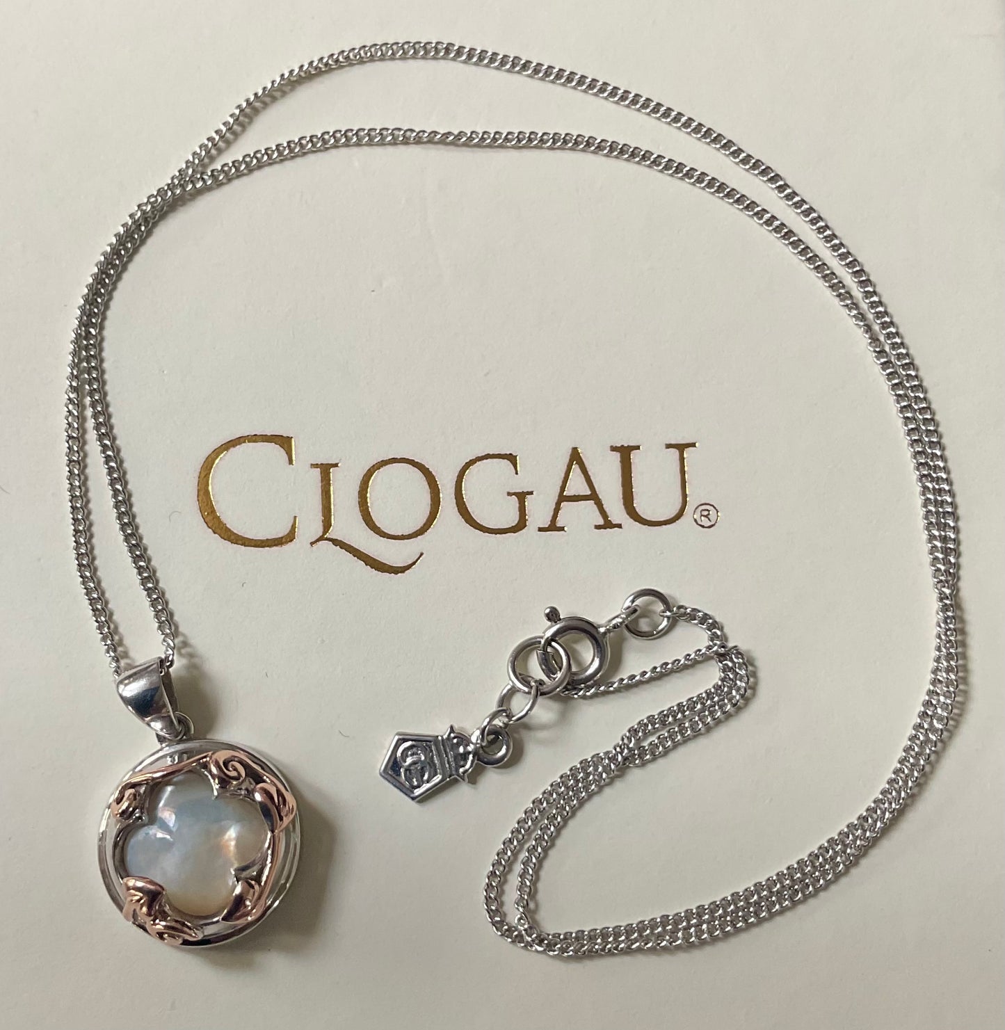 Clogau Tudor Court Mother of Pearl pendant 18” necklace in Silver and rose gold 18-22”