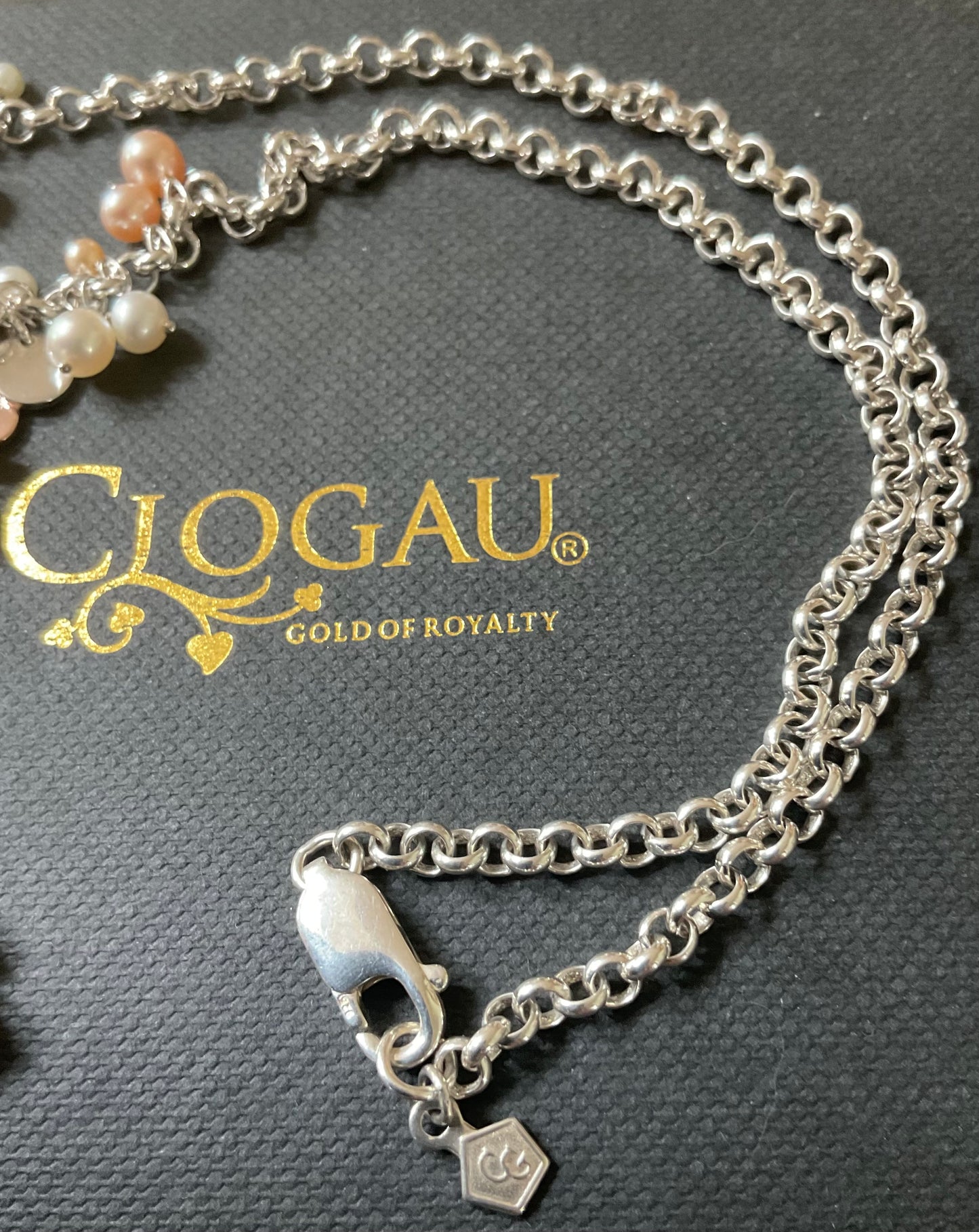 Clogau Beachcomber necklace peaches and cream pearl Y-necklace silver and rose gold 16”