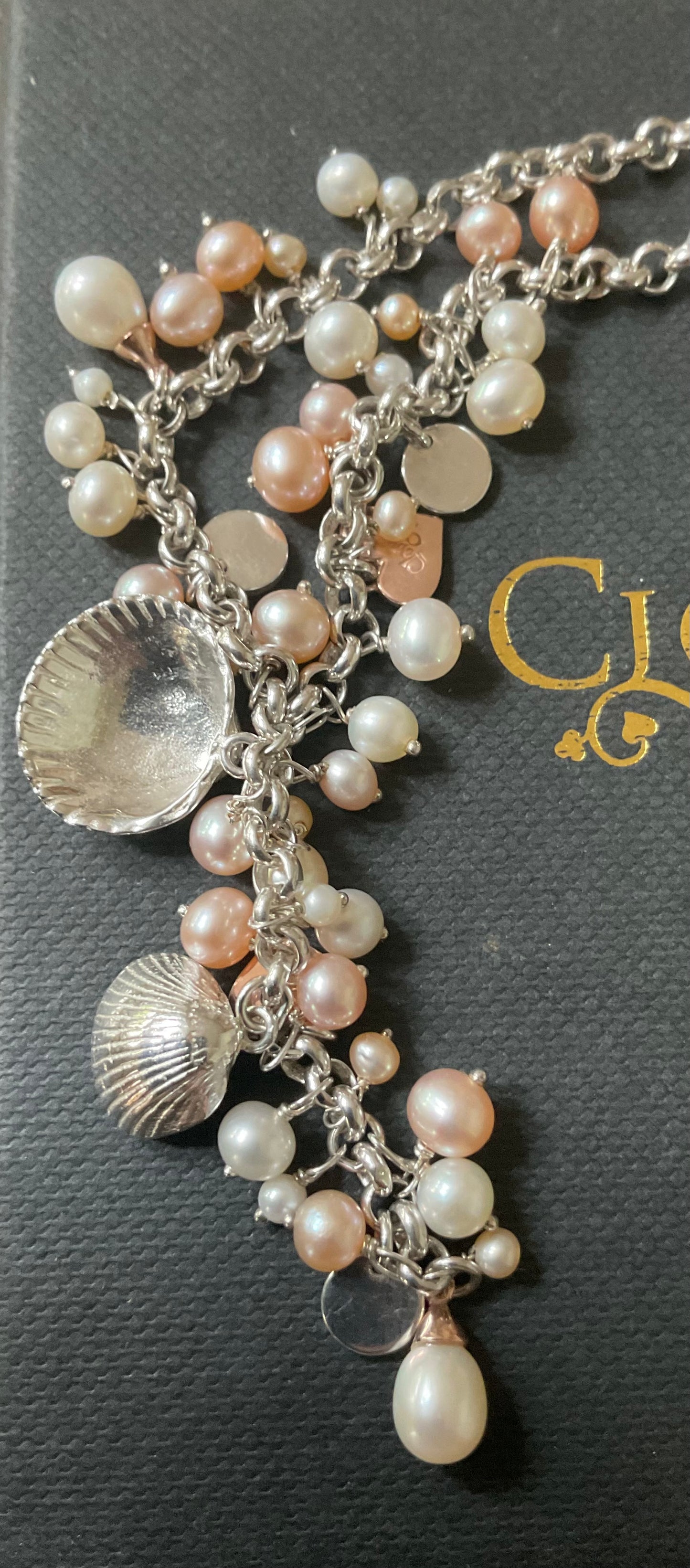 Clogau Beachcomber necklace peaches and cream pearl Y-necklace silver and rose gold 16”