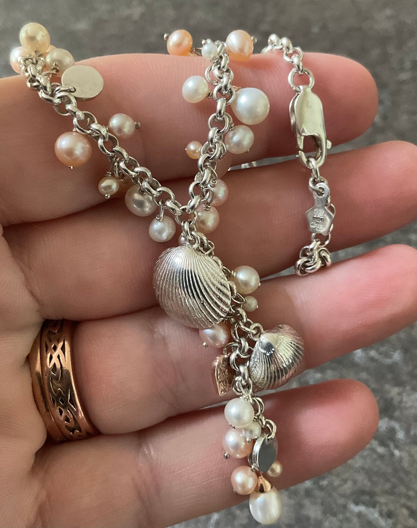 Clogau Beachcomber necklace peaches and cream pearl Y-necklace silver and rose gold 16”