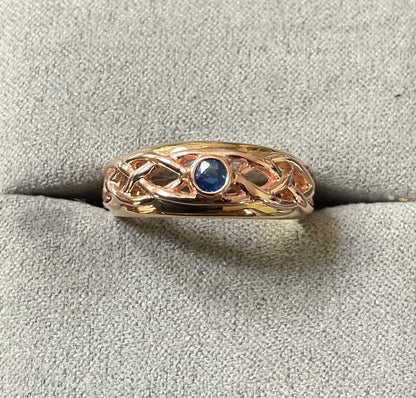 Clogau 9ct Blue Sapphire Lovers Weave Celtic ring size P yellow and rose gold