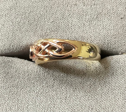 Clogau 9ct Blue Sapphire Lovers Weave Celtic ring size P yellow and rose gold