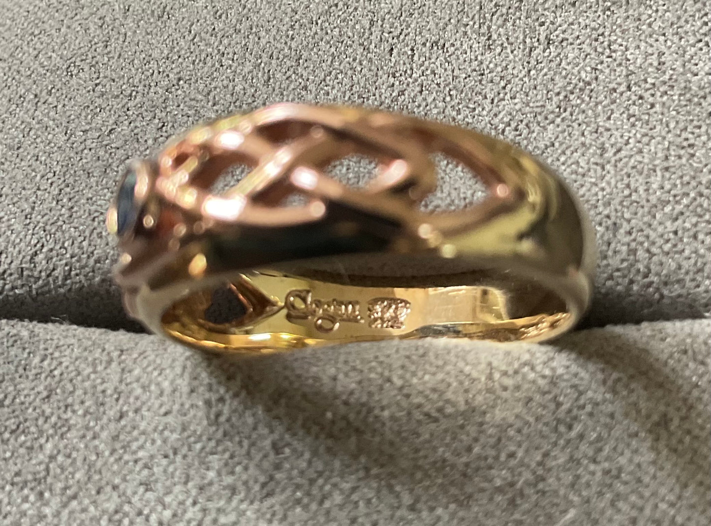Clogau 9ct Blue Sapphire Lovers Weave Celtic ring size P yellow and rose gold