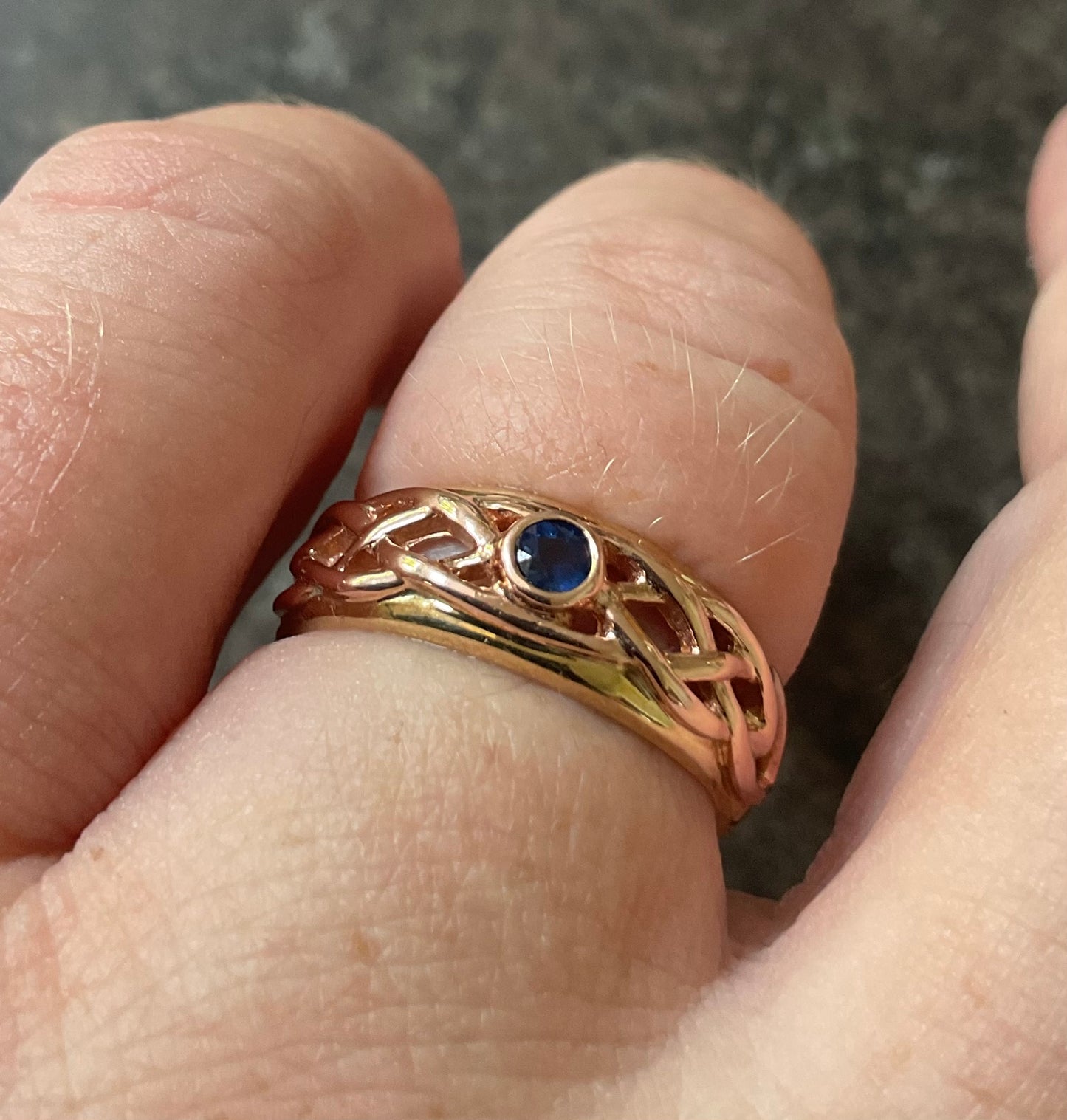 Clogau 9ct Blue Sapphire Lovers Weave Celtic ring size P yellow and rose gold