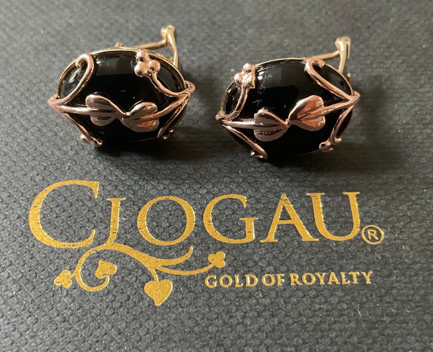 Clogau 9ct Oval Black Onyx Nightfall pierced earrings in yellow and rose gold