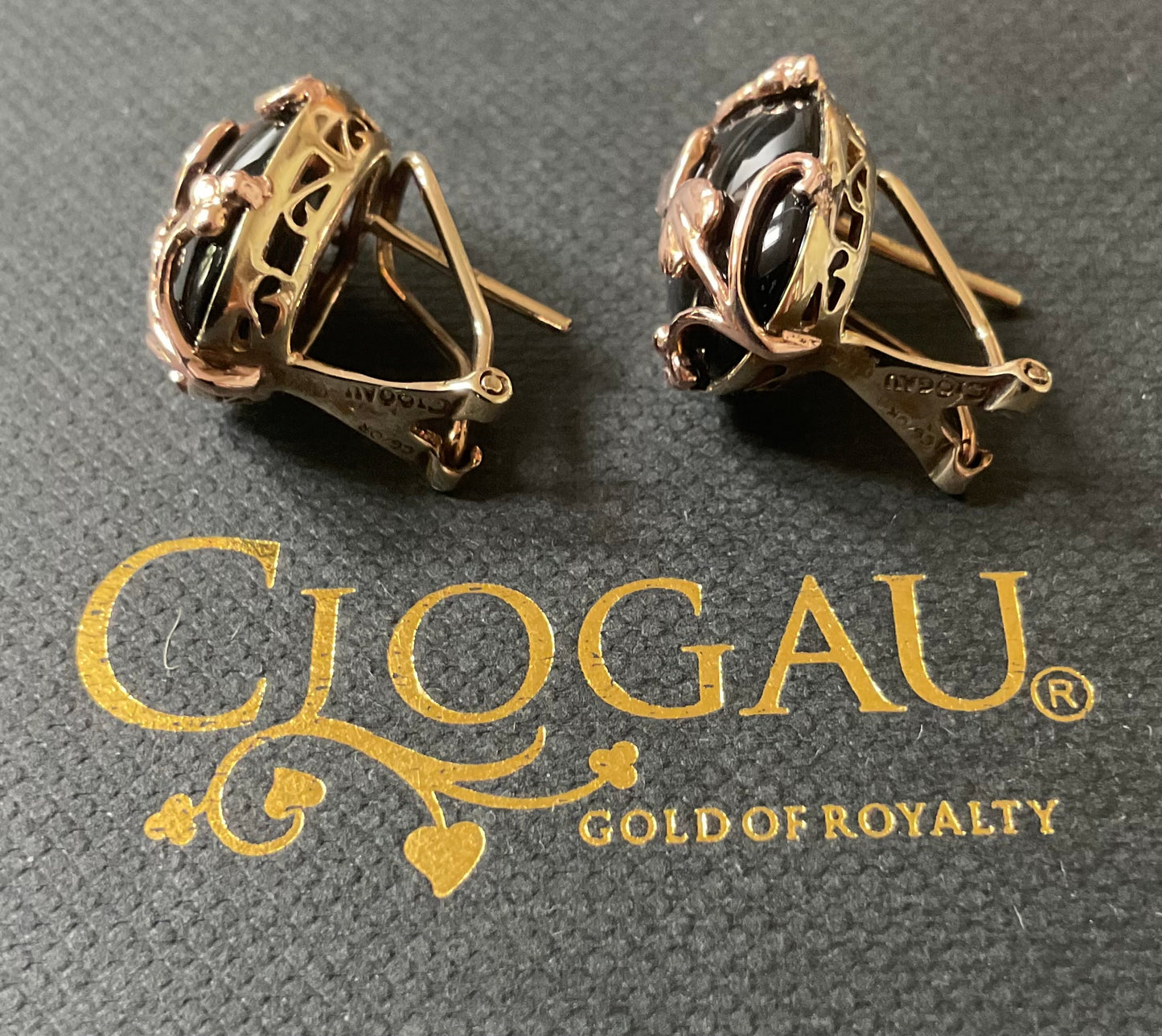 Clogau 9ct Oval Black Onyx Nightfall pierced earrings in yellow and rose gold