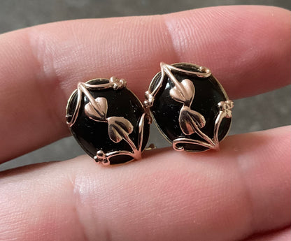 Clogau 9ct Oval Black Onyx Nightfall pierced earrings in yellow and rose gold