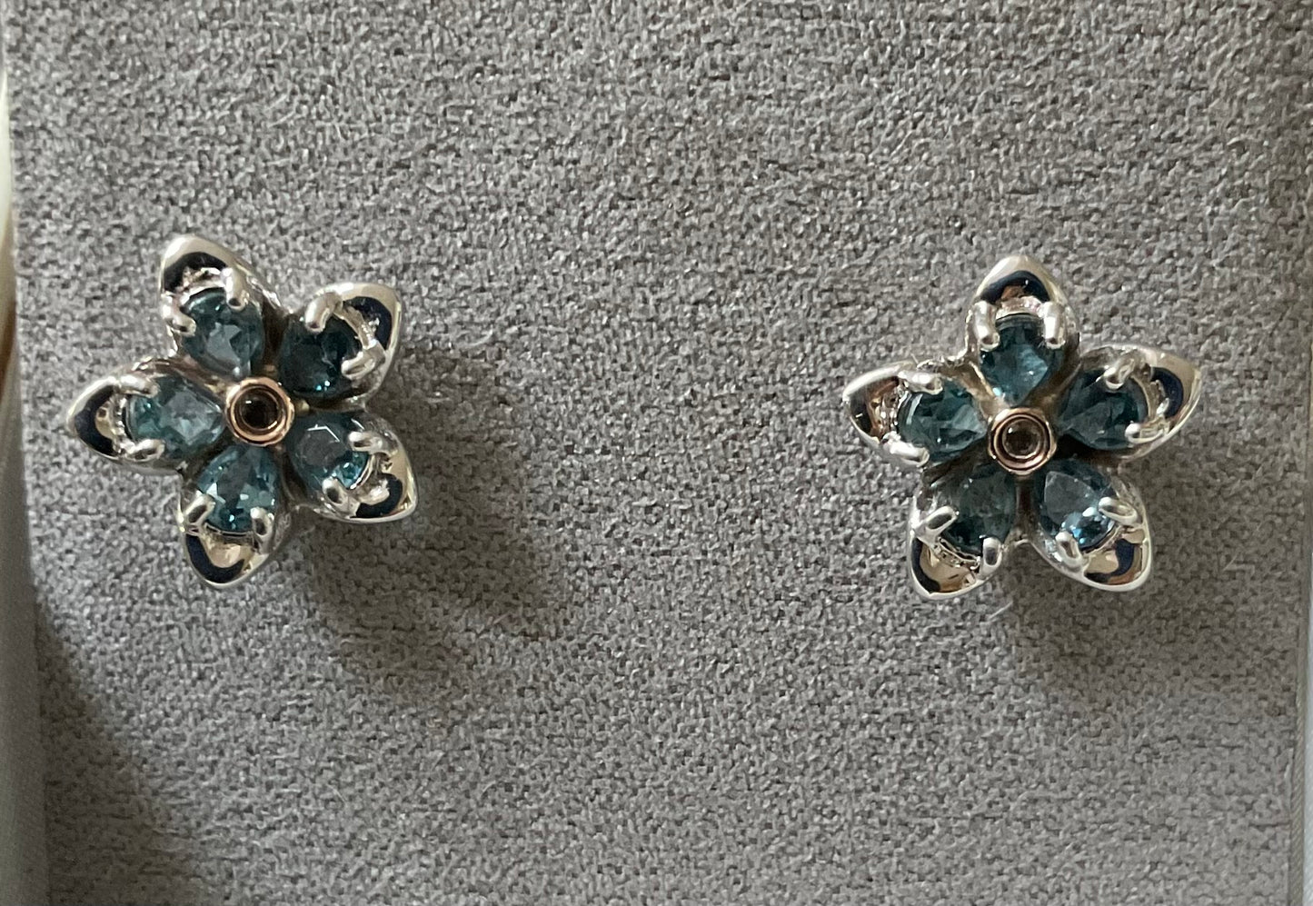 Clogau Forget Me Not Blue Topaz stud earrings in silver and rose gold