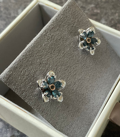 Clogau Forget Me Not Blue Topaz stud earrings in silver and rose gold