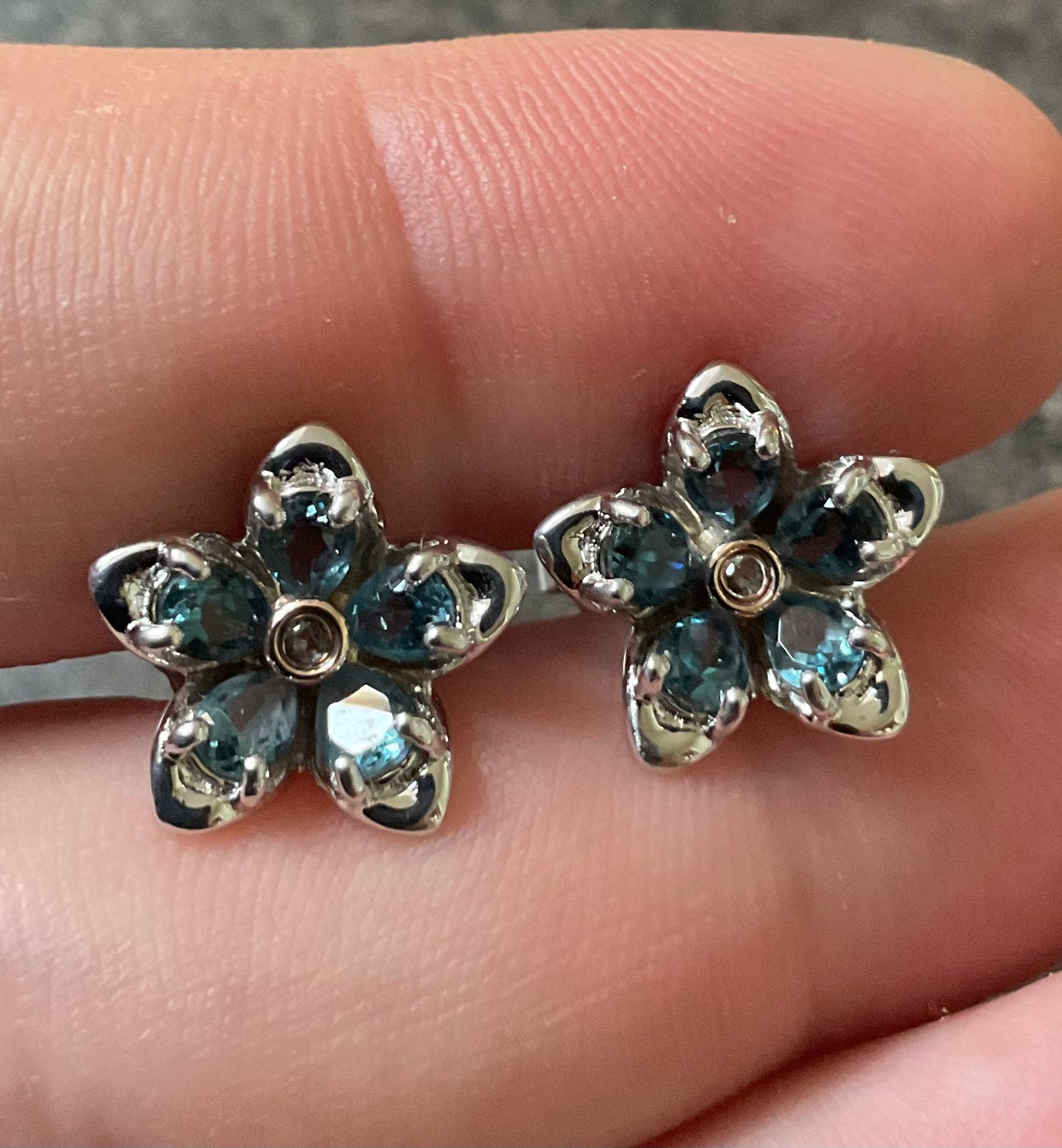 Clogau Forget Me Not Blue Topaz stud earrings in silver and rose gold