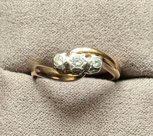 9ct vintage diamond illusion set trilogy bypass ring size L yellow gold London hallmarked