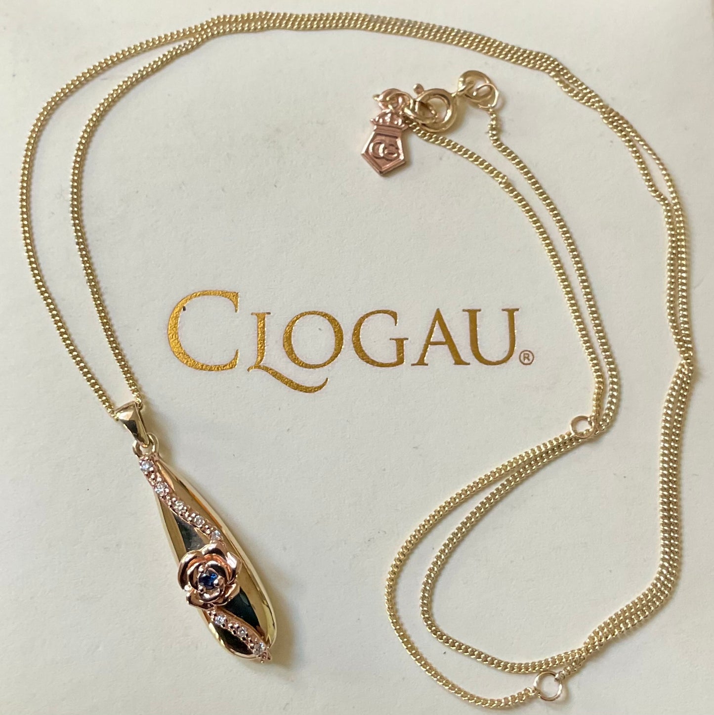 Rare Clogau 9ct Blue Sapphire and Diamond Rose Teardrop pendant necklace in yellow and rose gold 18-22”