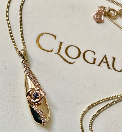 Rare Clogau 9ct Blue Sapphire and Diamond Rose Teardrop pendant necklace in yellow and rose gold 18-22”
