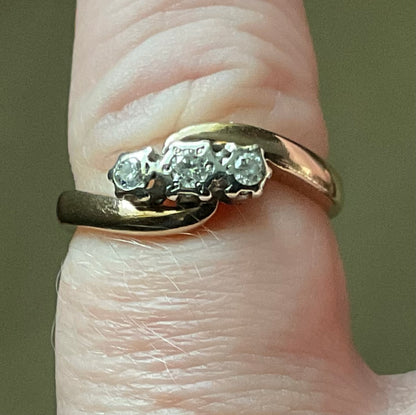 9ct vintage diamond illusion set trilogy bypass ring size L yellow gold London hallmarked