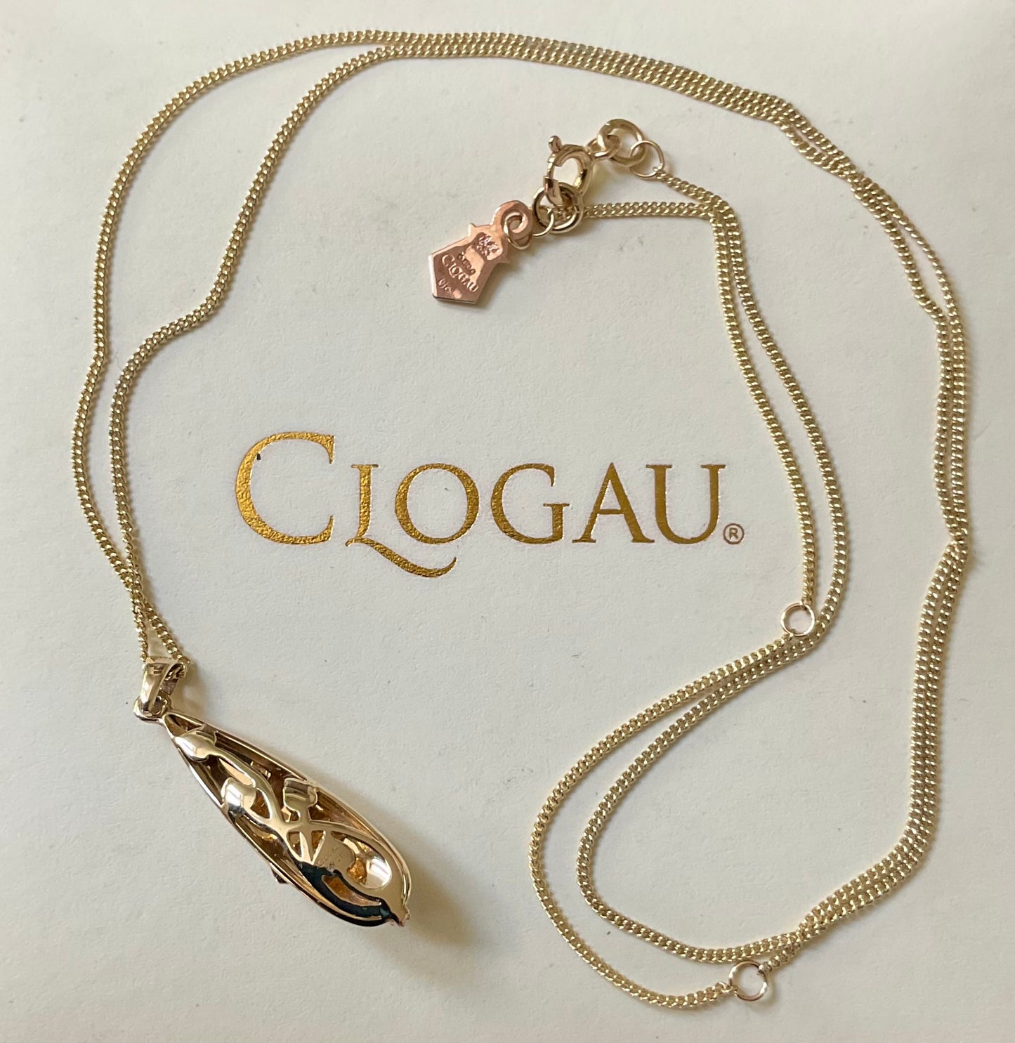 Rare Clogau 9ct Blue Sapphire and Diamond Rose Teardrop pendant necklace in yellow and rose gold 18-22”