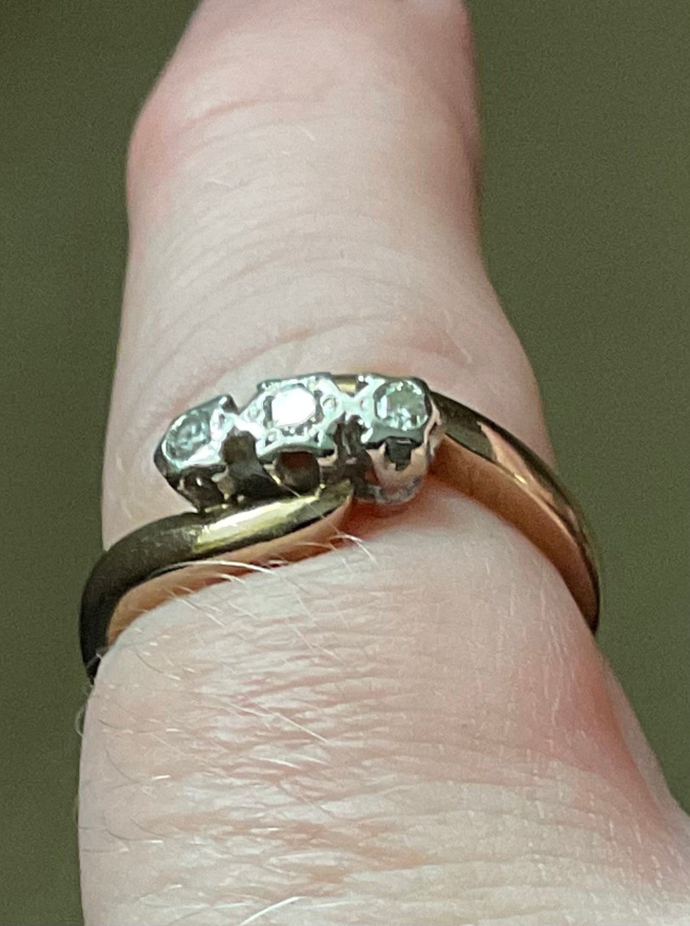 9ct vintage diamond illusion set trilogy bypass ring size L yellow gold London hallmarked
