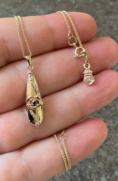 Rare Clogau 9ct Blue Sapphire and Diamond Rose Teardrop pendant necklace in yellow and rose gold 18-22”