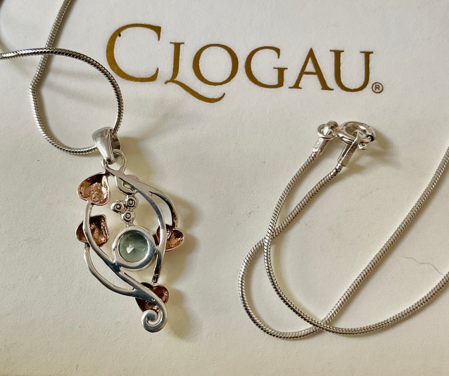 Clogau Aquamarine Love Vine pendant in silver and rose gold on an 18” 925 ITALY snake chain