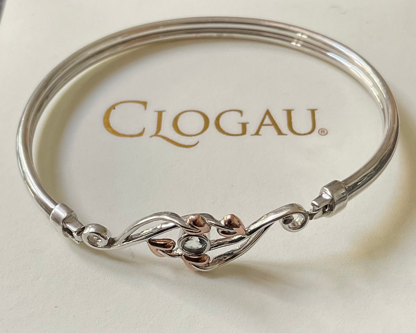 Clogau Aquamarine Love Vine bangle bracelet in silver and rose gold