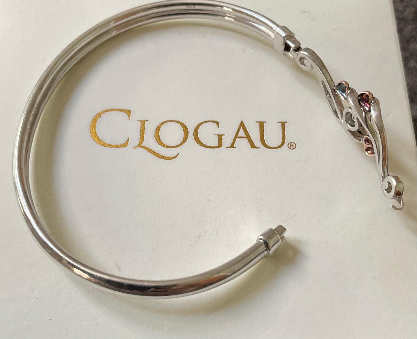 Clogau Aquamarine Love Vine bangle bracelet in silver and rose gold
