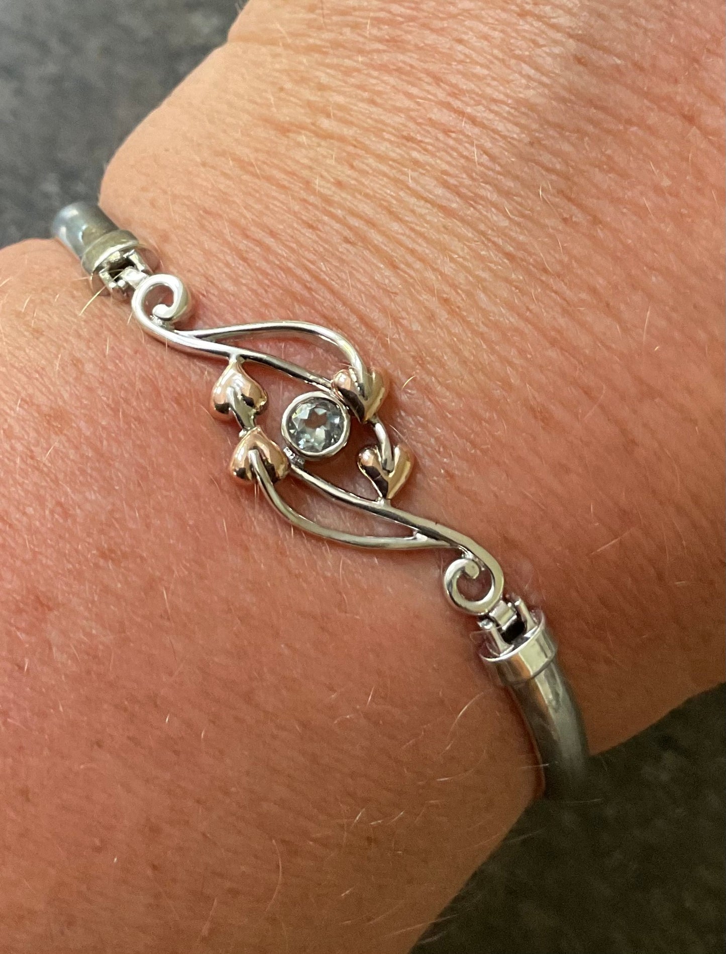 Clogau Aquamarine Love Vine bangle bracelet in silver and rose gold