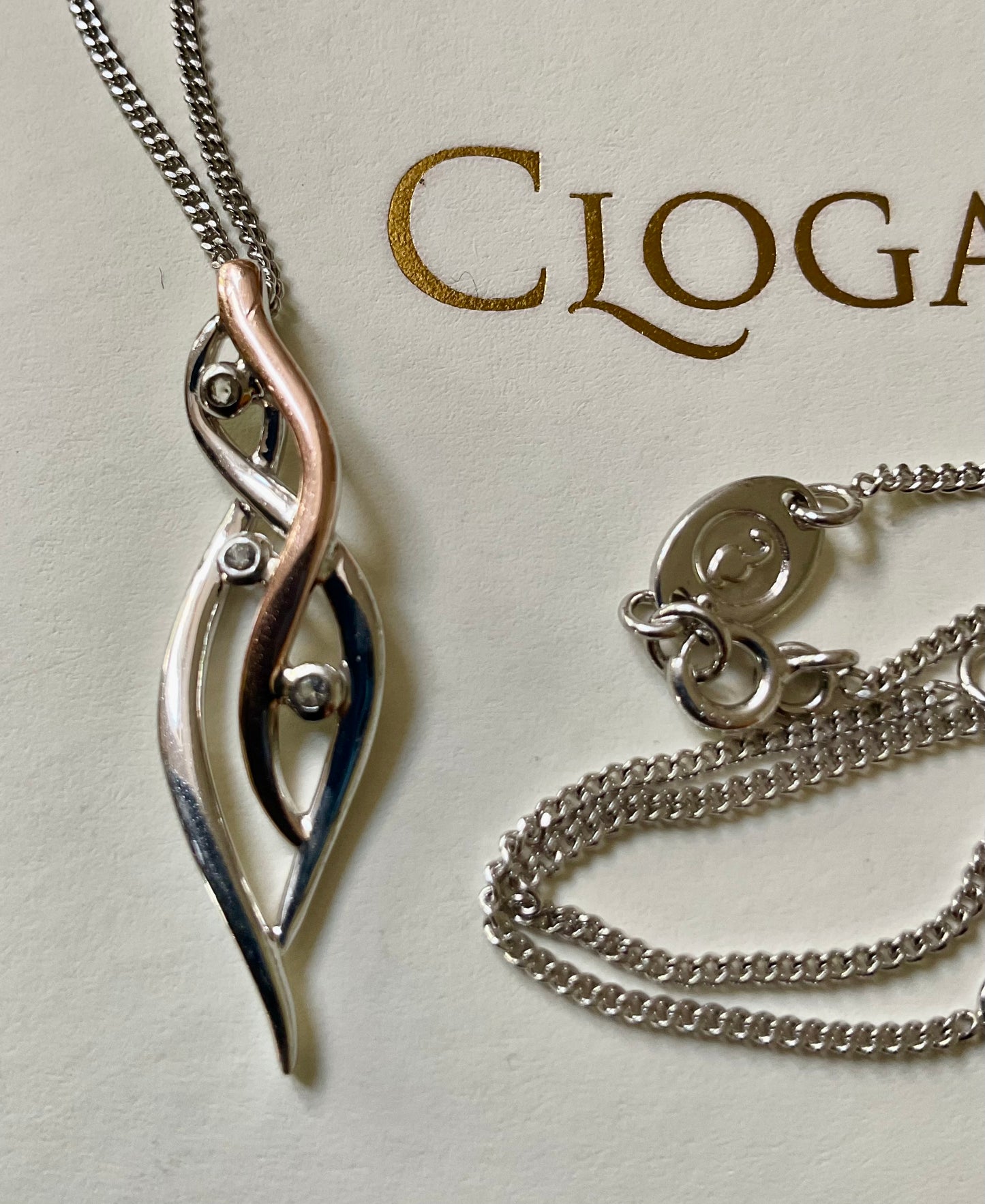 Clogau Natures Wonders Swallow Waterfalls White Topaz pendant necklace 18-22” in silver & rose gold