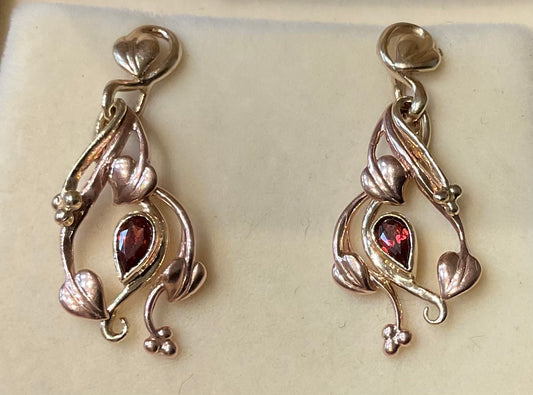 Vintage Clogau 9ct Garnet Tree of Life drop earrings from 1993 Birthstone range yellow and rose gold