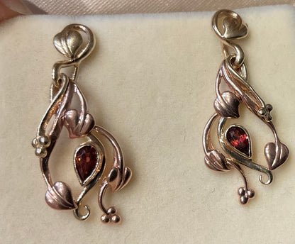 Vintage Clogau 9ct Garnet Tree of Life drop earrings from 1993 Birthstone range yellow and rose gold