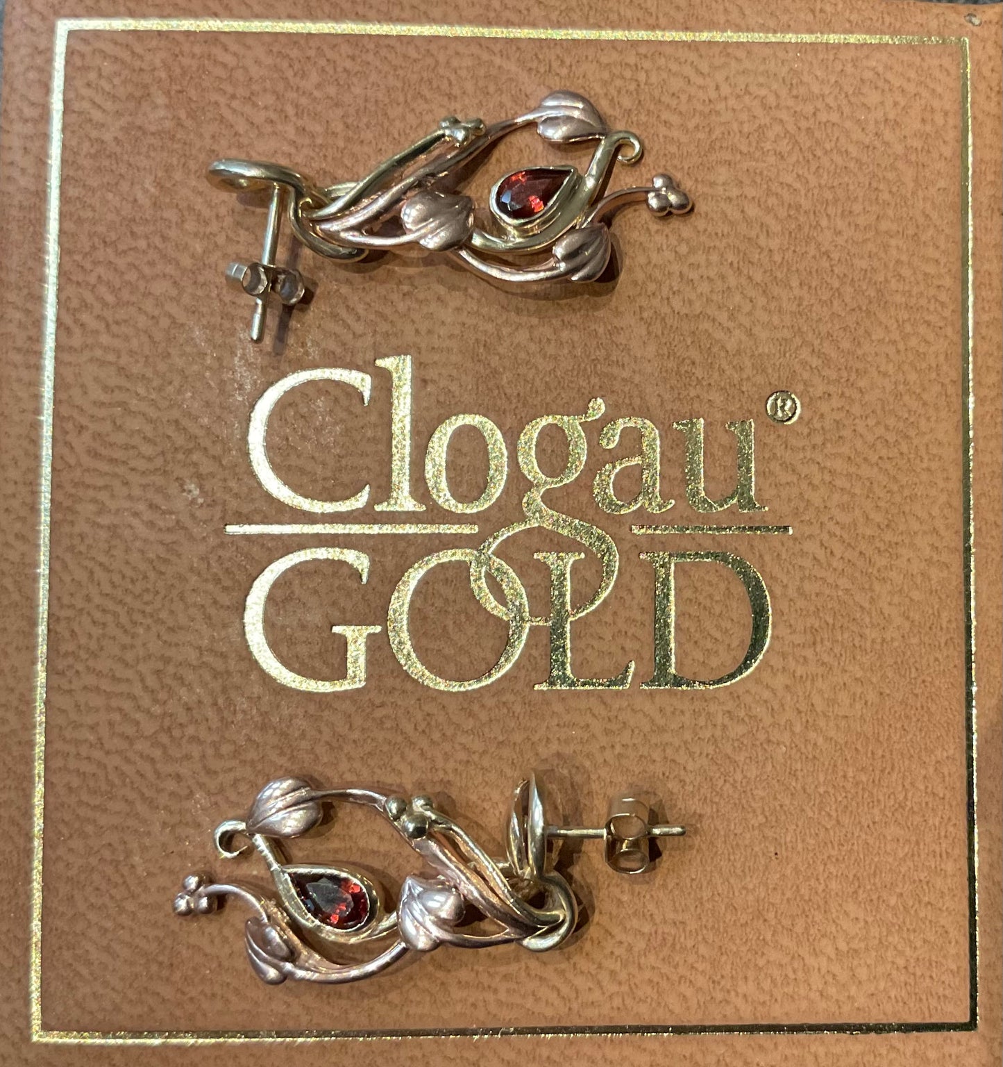 Vintage Clogau 9ct Garnet Tree of Life drop earrings from 1993 Birthstone range yellow and rose gold