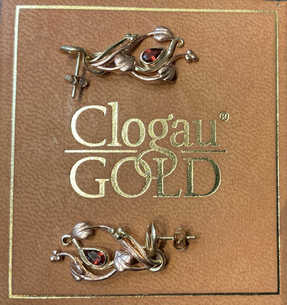 Vintage Clogau 9ct Garnet Tree of Life drop earrings from 1993 Birthstone range yellow and rose gold