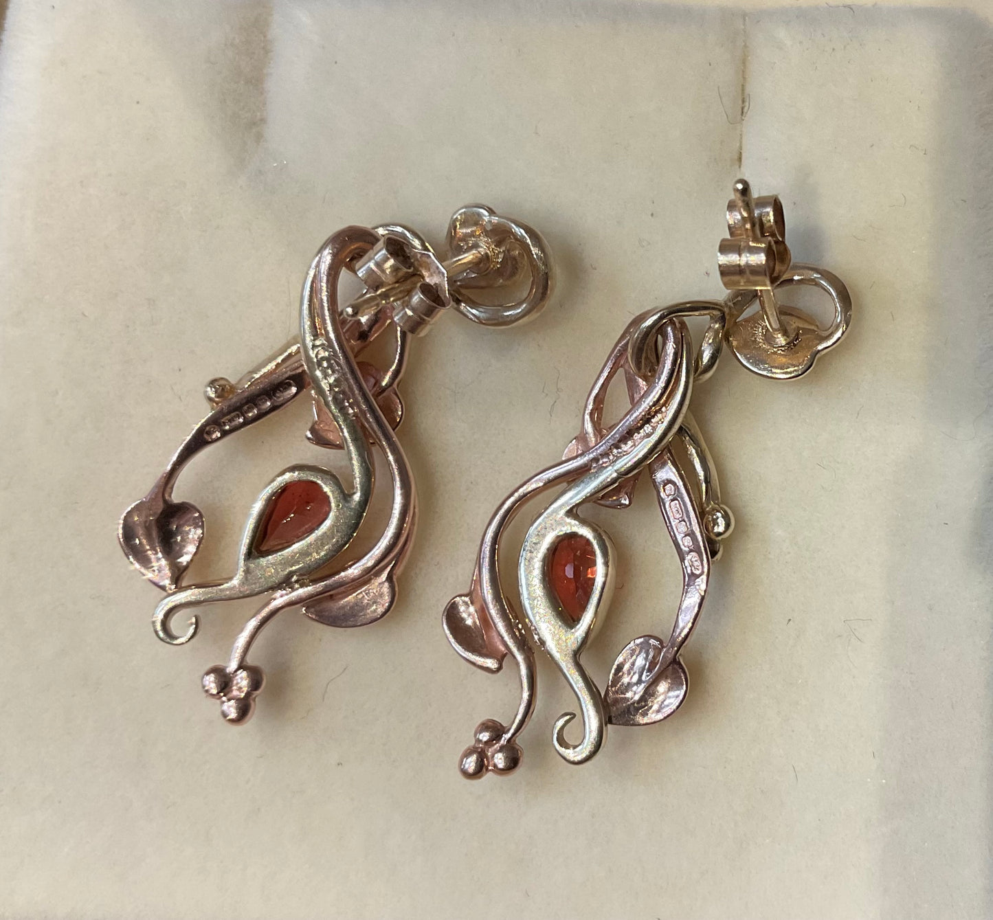 Vintage Clogau 9ct Garnet Tree of Life drop earrings from 1993 Birthstone range yellow and rose gold