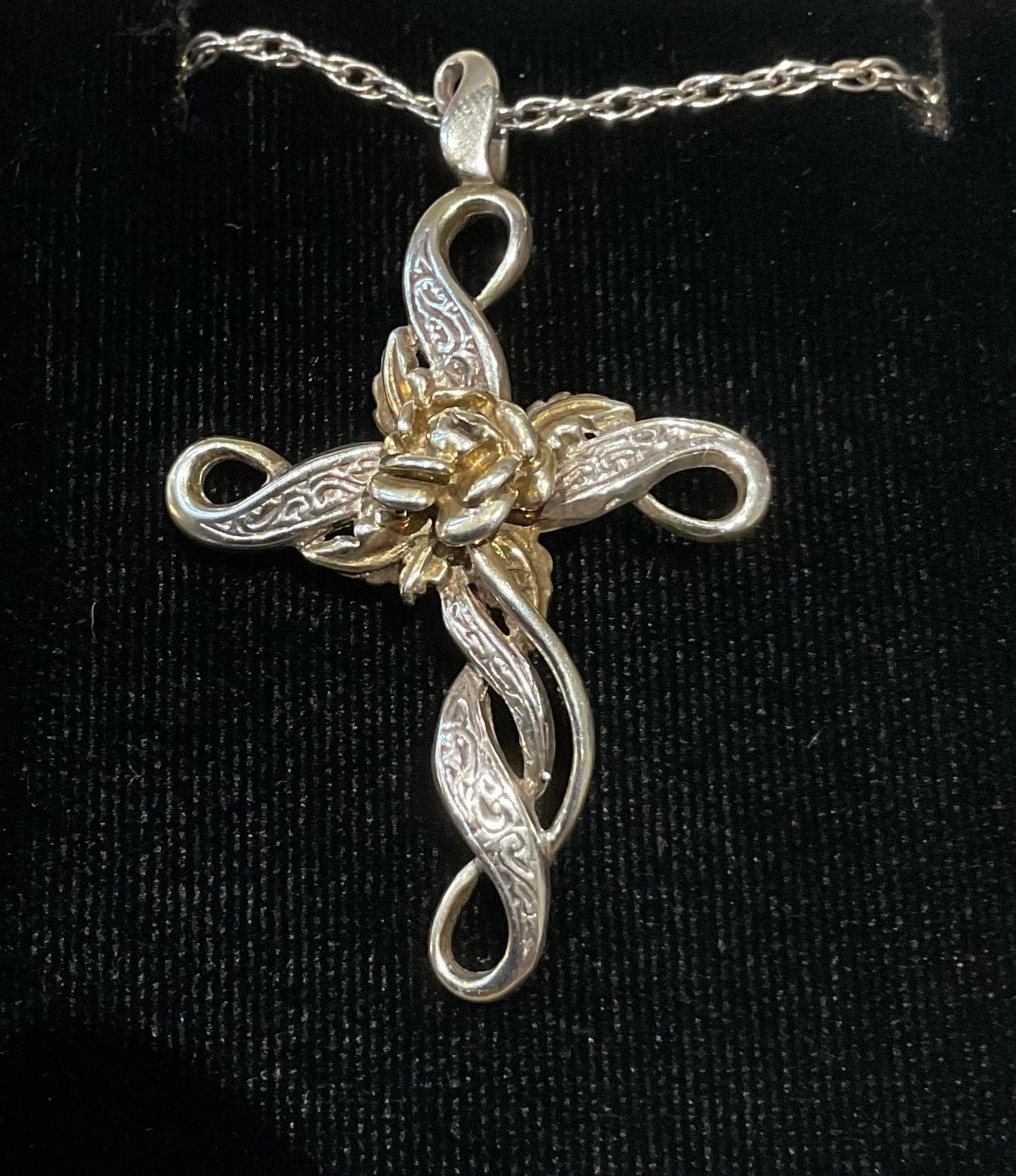 Vintage Brooks & Bentley Lover’s Rose Cross pendant necklace 20” 925 sterling silver 22ct gold plated Hallmarked 1994