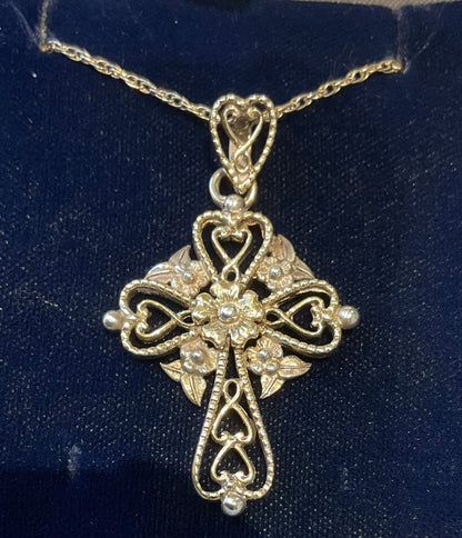 Vintage Brooks & Bentley ornate hearts and flowers cross pendant necklace gold plated 925 sterling silver in original box hallmarked