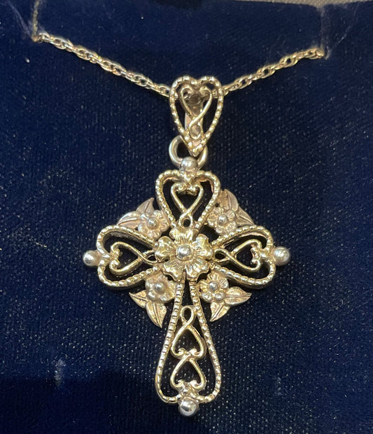 Vintage Brooks & Bentley ornate hearts and flowers cross pendant necklace gold plated 925 sterling silver in original box hallmarked