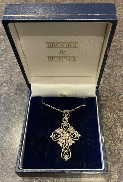 Vintage Brooks & Bentley ornate hearts and flowers cross pendant necklace gold plated 925 sterling silver in original box hallmarked