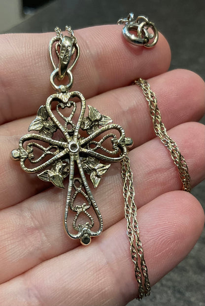 Vintage Brooks & Bentley ornate hearts and flowers cross pendant necklace gold plated 925 sterling silver in original box hallmarked