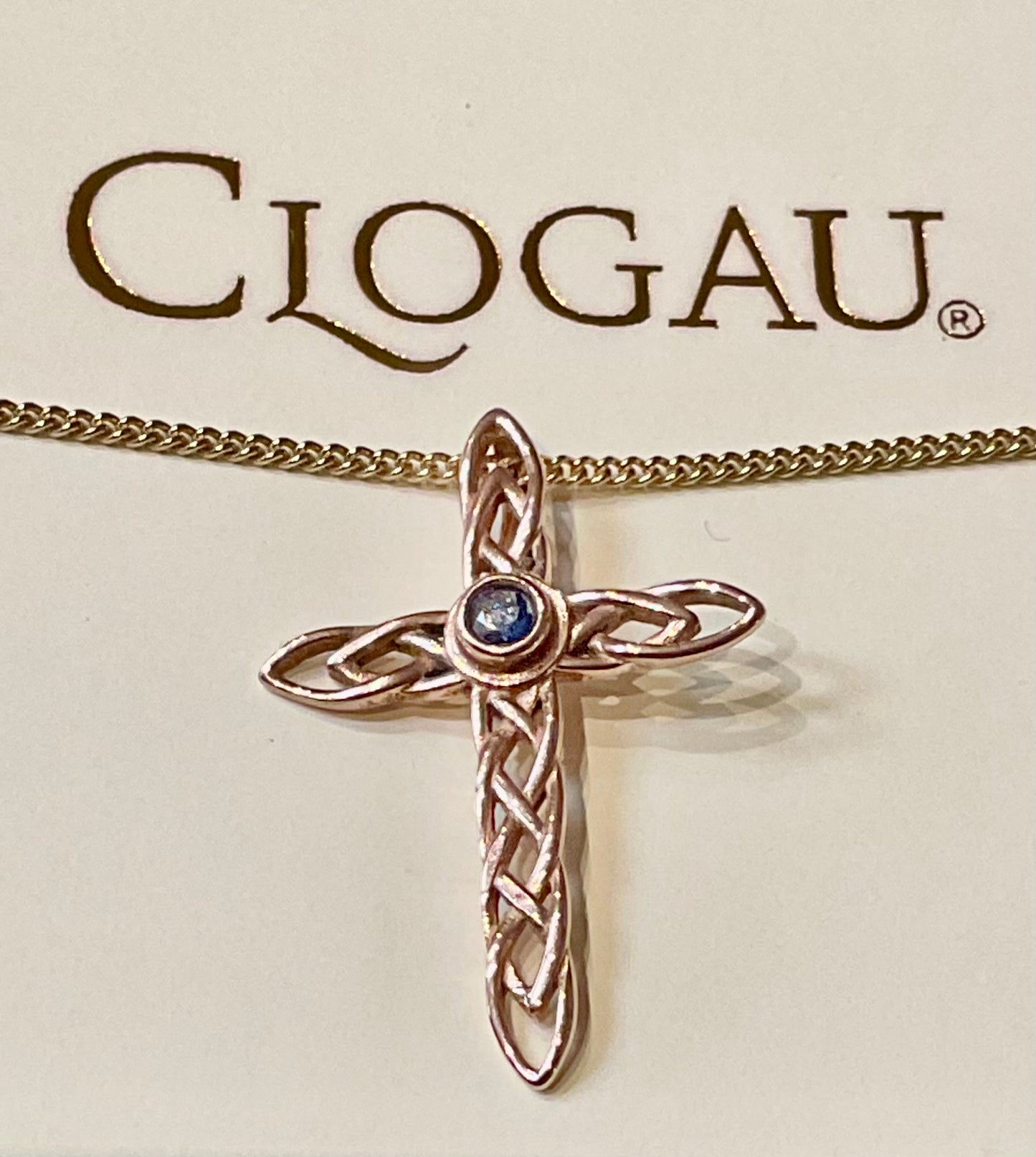 Vintage Clogau 9ct Sapphire Celtic Cross interchangeable pendant 18” necklace yellow and rose gold Sheffield Hallmark on cross