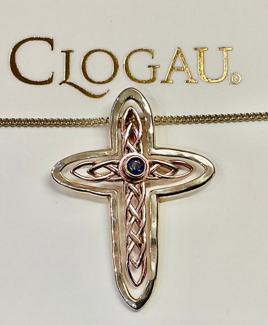 Vintage Clogau 9ct Sapphire Celtic Cross interchangeable pendant 18” necklace yellow and rose gold Sheffield Hallmark on cross