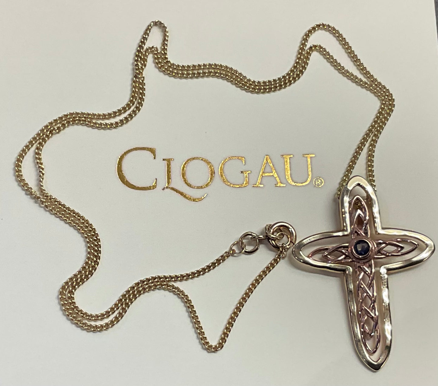 Vintage Clogau 9ct Sapphire Celtic Cross interchangeable pendant 18” necklace yellow and rose gold Sheffield Hallmark on cross