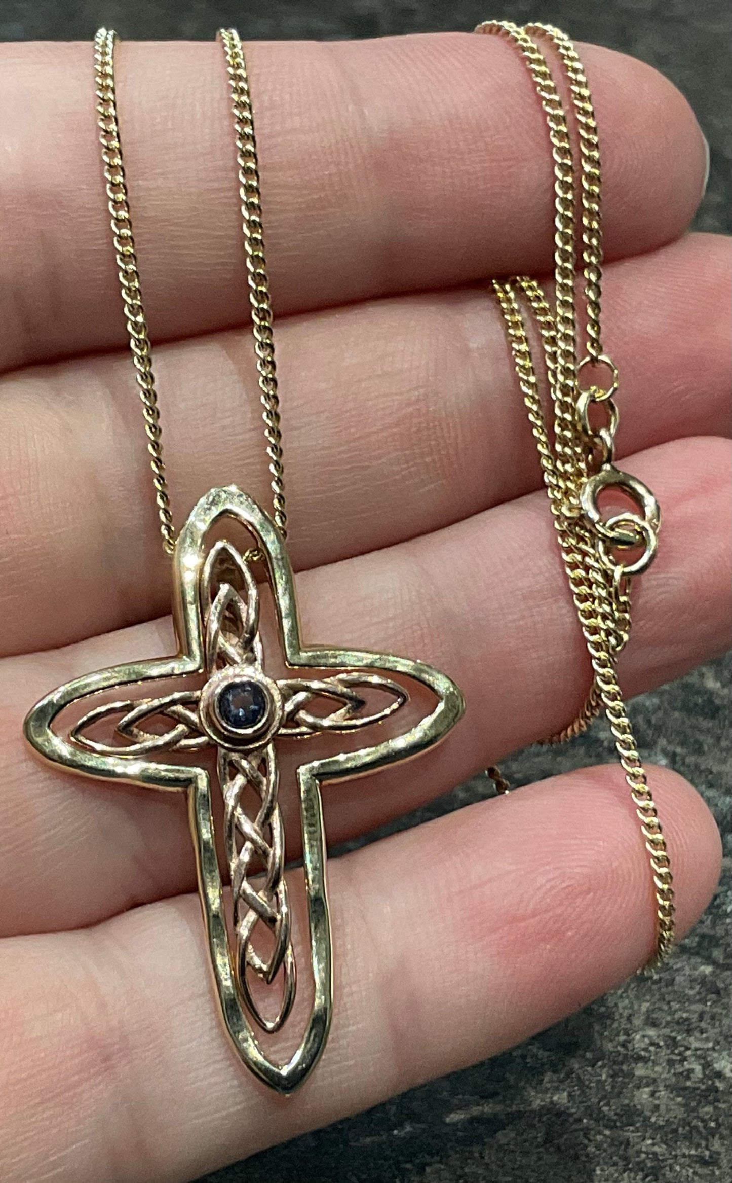 Vintage Clogau 9ct Sapphire Celtic Cross interchangeable pendant 18” necklace yellow and rose gold Sheffield Hallmark on cross