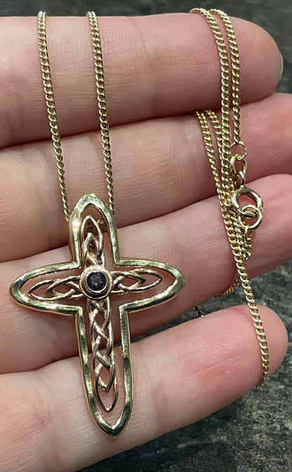 Vintage Clogau 9ct Sapphire Celtic Cross interchangeable pendant 18” necklace yellow and rose gold Sheffield Hallmark on cross
