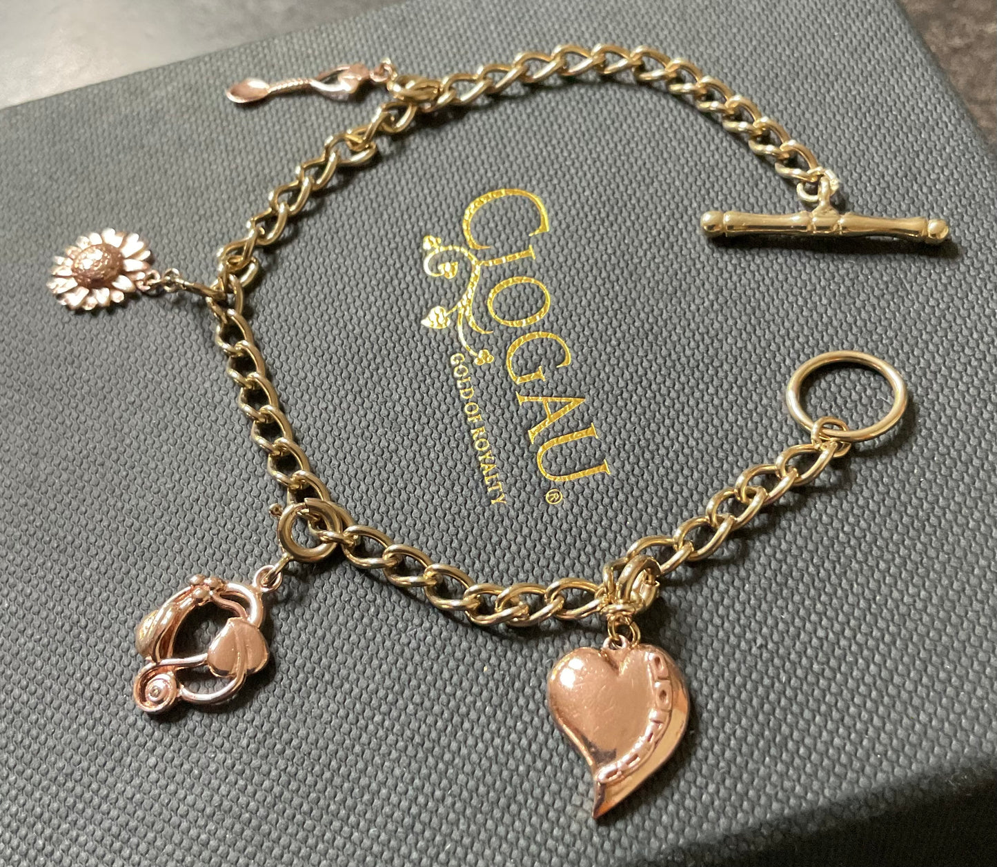 Vintage Clogau 9ct T-bar charm bracelet with 4 Clogau charms 19.5cm in yellow and rose gold